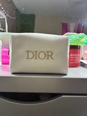 Dior Cream Cosmetic Pouch with Gold Logo Embroidery
